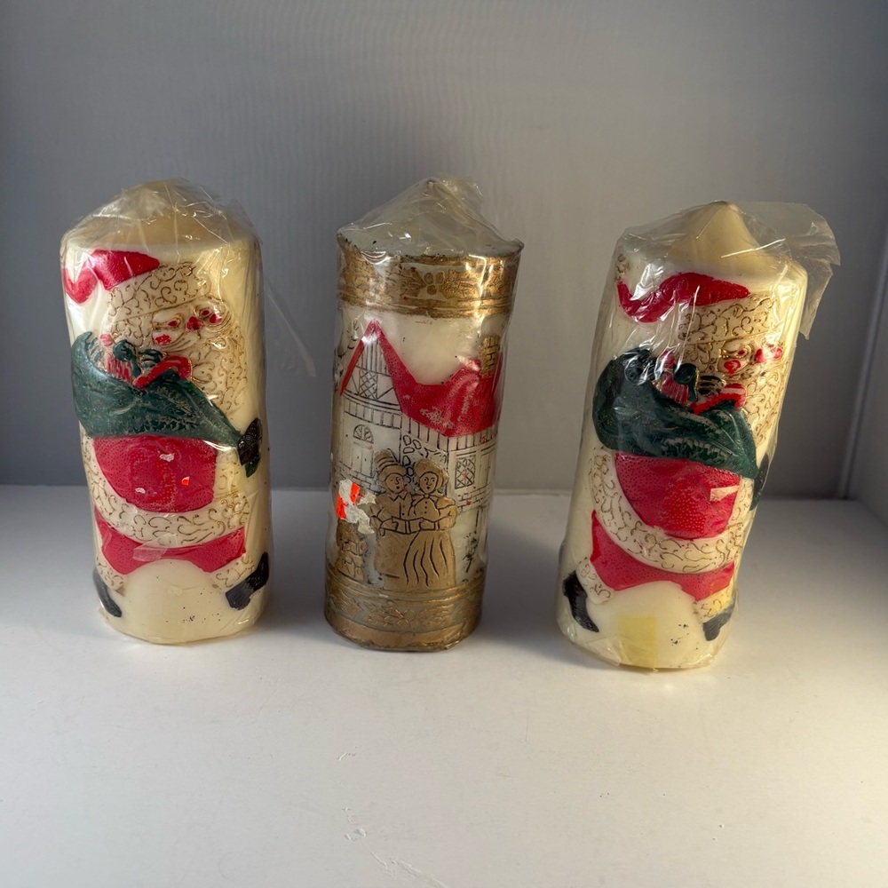 Lot 3 Vintage Santa Claus Carolers 5" Pillar Christmas Candle Village White Gold